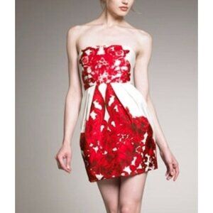 Tibi Rococo Vibrant Red and Cream 100% Silk Floral Boned Strapless Cocktail Dres